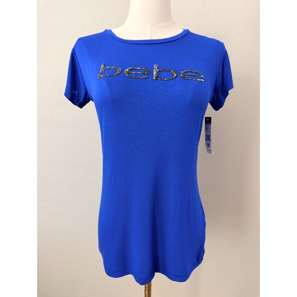 NWT Bebe Blue Distressed Silver Foil Logo Graphic Tee Shirt Medium